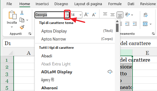 scegliere il tipo di carattere