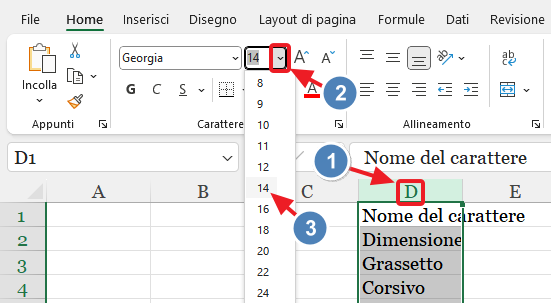 regolare la dimensione del catattere