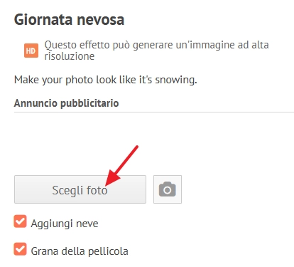 pulsante scegli foto su photofunia giornata nevosa