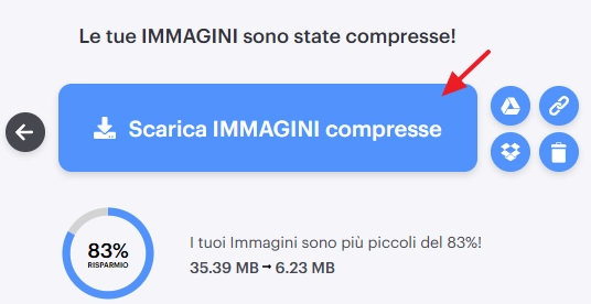 pulsante scarica immagini compresse con percentuale riduzione