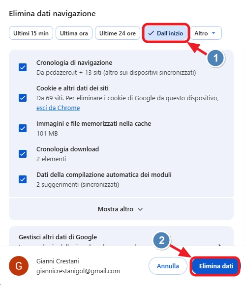 Eliminazione dati browser