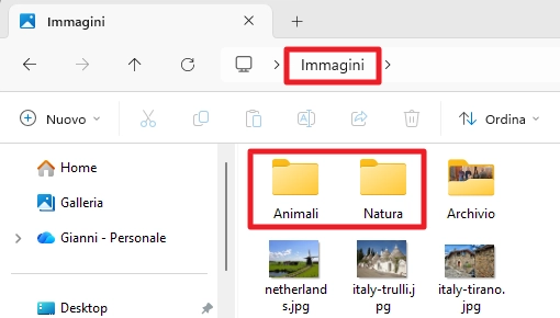Creazione di due nuove cartelle in Esplora File